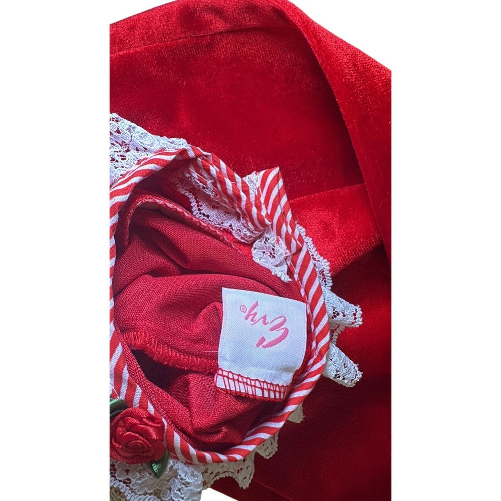 Vintage Evy Red Velvet Baby Romper Candy Stripe Infant Holiday Outfit Lace Sz 3M - Picture 3 of 7